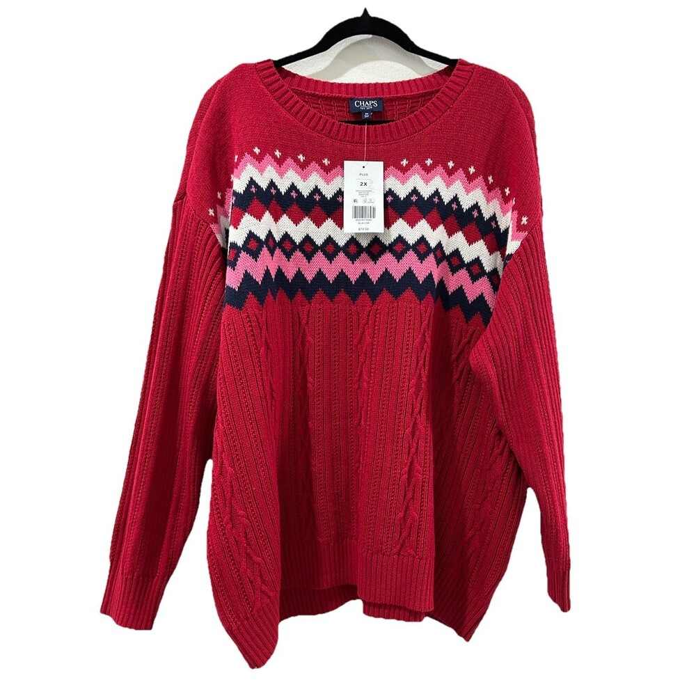 Chaps Womens 2X Red Sweater Frisle Cable Pullover Round Neck NWT
